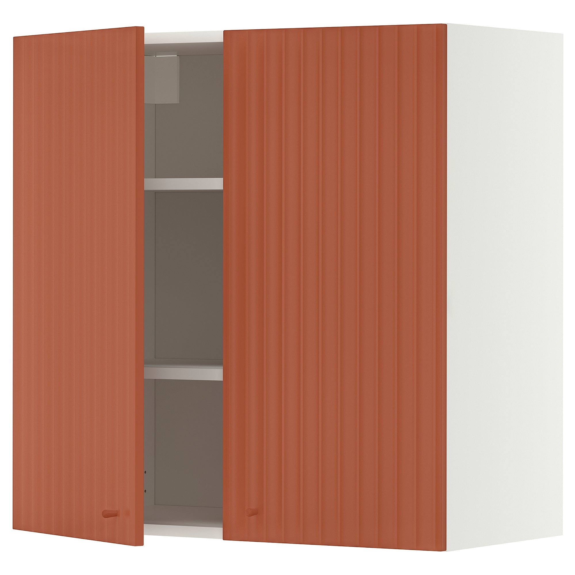METOD wall cabinet with shelves/2 doors, white/Terrsjö red-brown wave pattern, 80x80 cm