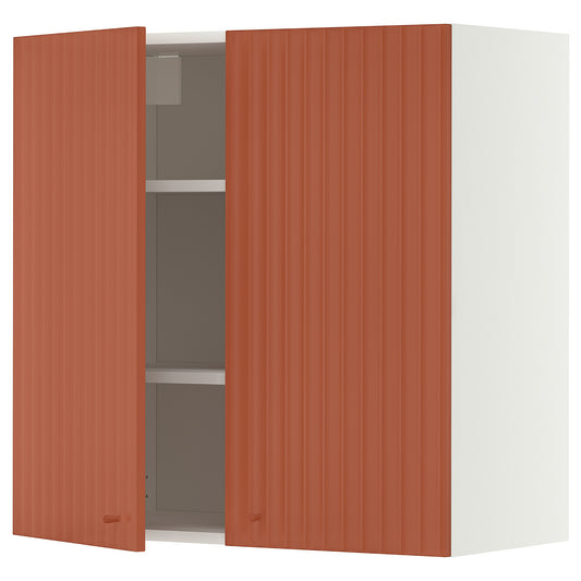 METOD wall cabinet with shelves/2 doors, white/Terrsjö red-brown wave pattern, 80x80 cm