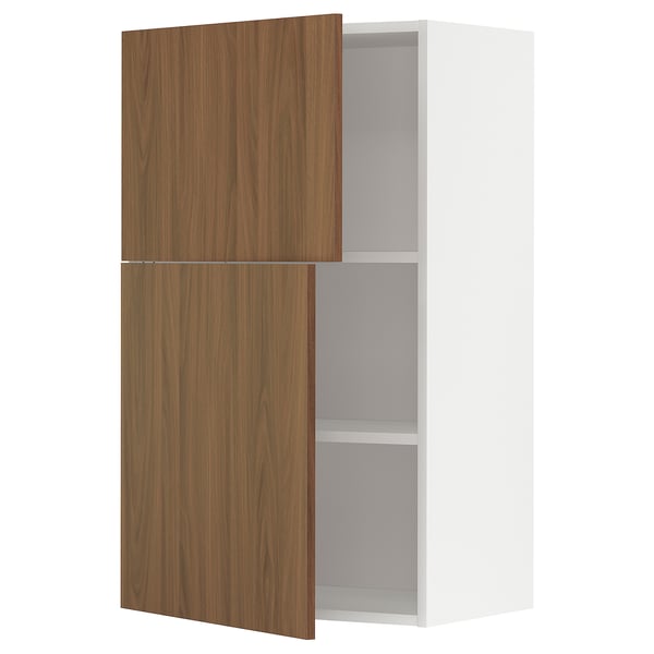 METOD wall cabinet with shelves/2 doors, white/Tistorp brown walnut effect, 60x100 cm