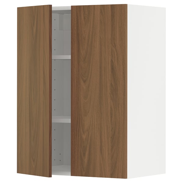 METOD wall cabinet with shelves/2 doors, white/Tistorp brown walnut effect, 60x80 cm