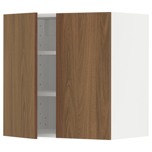 METOD wall cabinet with shelves/2 doors, white/Tistorp brown walnut effect, 60x60 cm