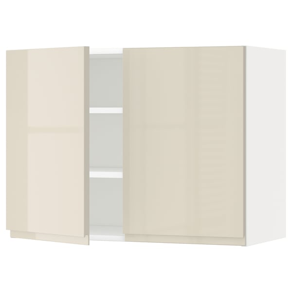 METOD wall cabinet with shelves/2 doors, white/Voxtorp high-gloss light beige, 80x60 cm