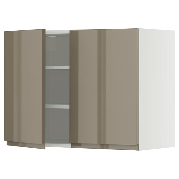 METOD wall cabinet with shelves/2 doors, white/Voxtorp high-gloss dark grey-brown, 80x60 cm