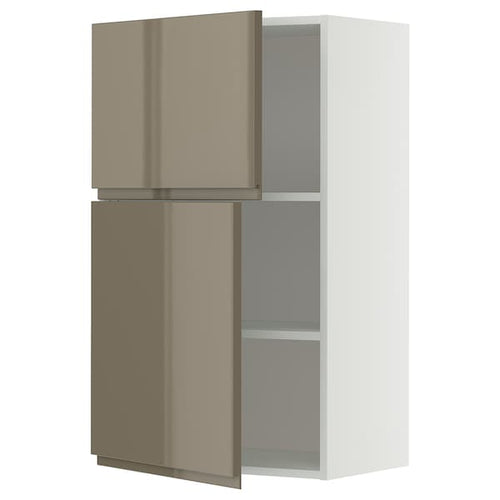 METOD wall cabinet with shelves/2 doors, white/Voxtorp high-gloss dark grey-brown, 60x100 cm