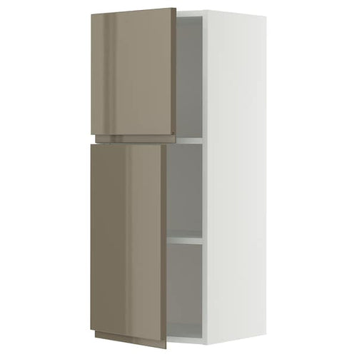 METOD wall cabinet with shelves/2 doors, white/Voxtorp high-gloss dark grey-brown, 40x100 cm