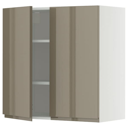 METOD wall cabinet with shelves/2 doors, white/Voxtorp high-gloss dark grey-brown, 80x80 cm