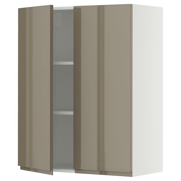 METOD wall cabinet with shelves/2 doors, white/Voxtorp high-gloss dark grey-brown, 80x100 cm