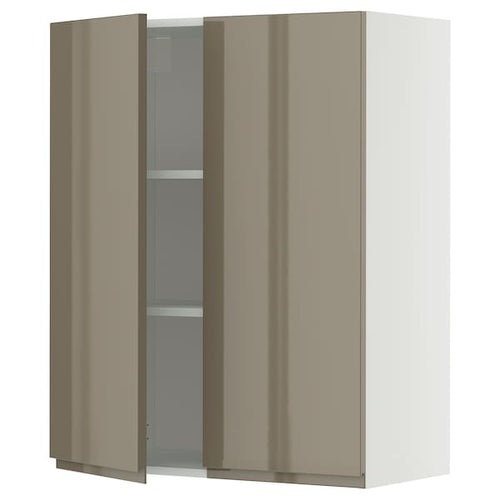METOD wall cabinet with shelves/2 doors, white/Voxtorp high-gloss dark grey-brown, 80x100 cm