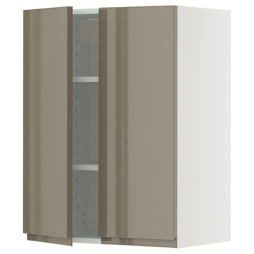 METOD wall cabinet with shelves/2 doors, white/Voxtorp high-gloss dark grey-brown, 60x80 cm