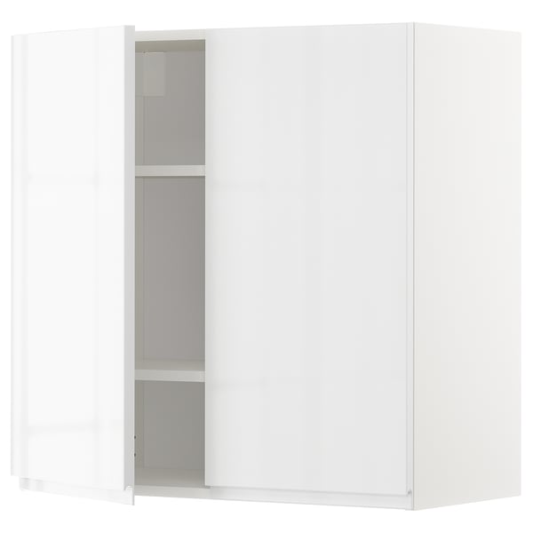 METOD wall cabinet with shelves/2 doors, white/Voxtorp high-gloss/white, 80x80 cm