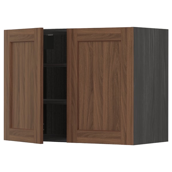 METOD wall cabinet with shelves/2 doors, black Enköping/brown walnut effect, 80x60 cm