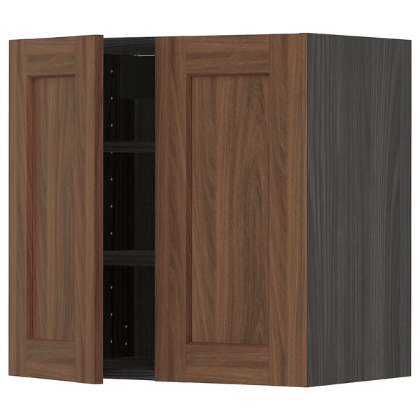 METOD wall cabinet with shelves/2 doors, black Enköping/brown walnut effect, 60x60 cm