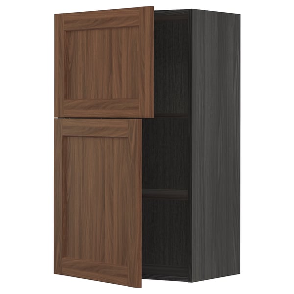 METOD - METOD Wall cabinet with shelves/2 doors, black Enköping/brown walnut effect, 60x100 cm