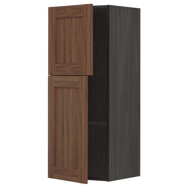 METOD wall cabinet with shelves/2 doors, black Enköping/brown walnut effect