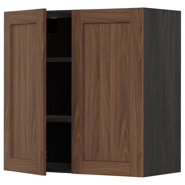 METOD wall cabinet with shelves/2 doors, black Enköping/brown walnut effect, 80x80 cm