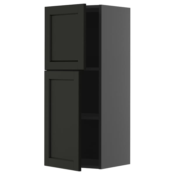 METOD wall cabinet with shelves/2 doors, black-grey/Lerhyttan black stained, 40x100 cm
