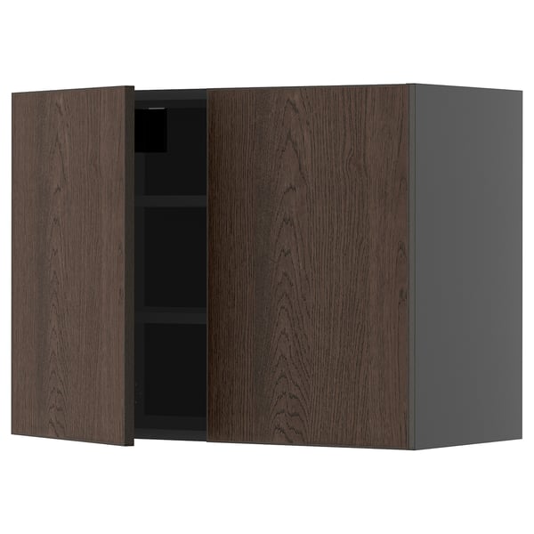 METOD wall cabinet with shelves/2 doors, black-grey/Sinarp brown, 80x60 cm