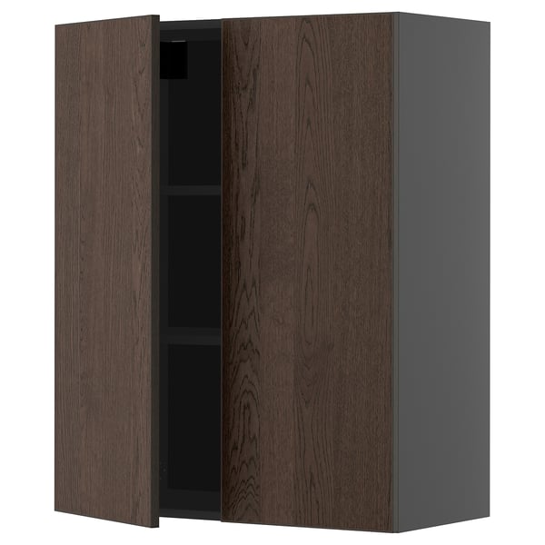 METOD wall cabinet with shelves/2 doors, black-grey/Sinarp brown, 80x100 cm