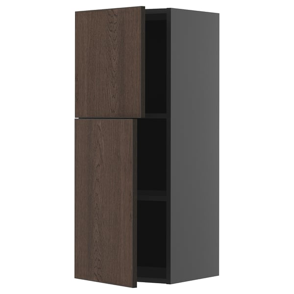 METOD wall cabinet with shelves/2 doors, black-grey/Sinarp brown, 40x100 cm