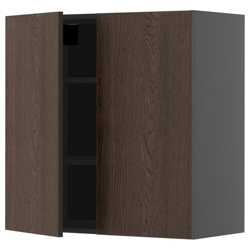 METOD Wall unit with shelves/2 doors, black-grey/Sinarp brown, 80x80 cm