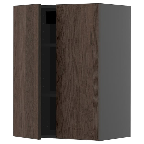 METOD wall cabinet with shelves/2 doors, black-grey/Sinarp brown, 60x80 cm