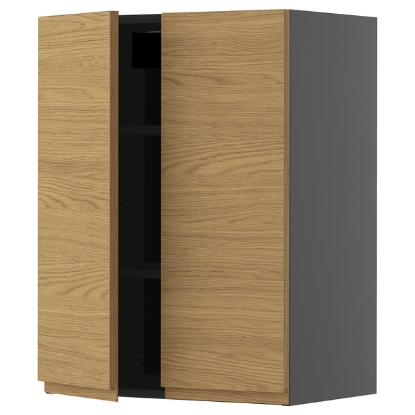 METOD wall cabinet with shelves/2 doors, black-grey/Voxtorp oak effect, 60x80 cm