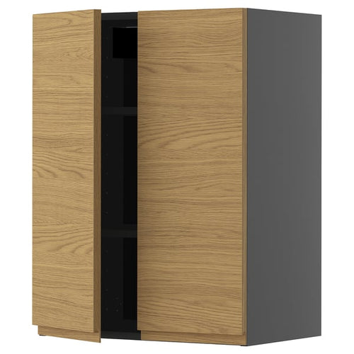 METOD Wall unit with shelves/2 doors, black-grey/Voxtorp oak effect, 60x80 cm