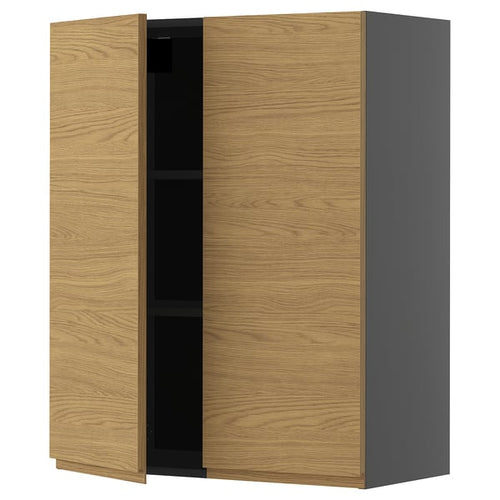 METOD Wall unit with shelves/2 doors, black-grey/Voxtorp oak effect, 80x100 cm