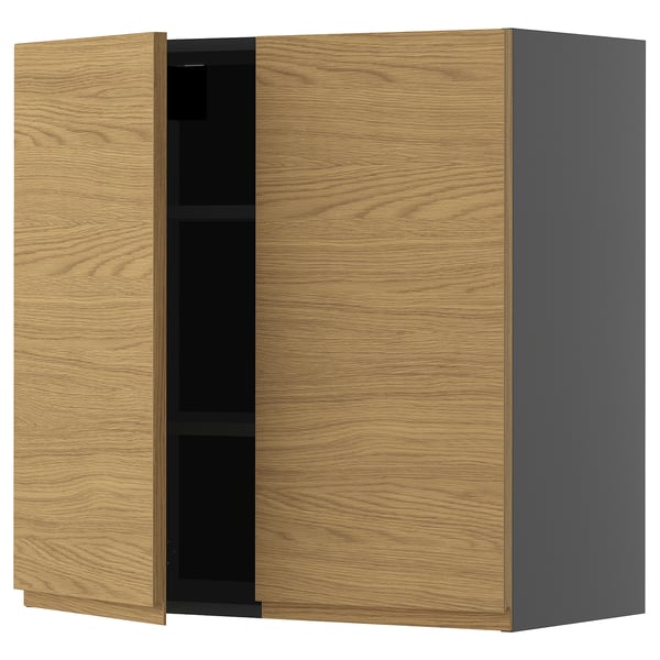 METOD wall cabinet with shelves/2 doors, black-grey/Voxtorp oak effect, 80x80 cm