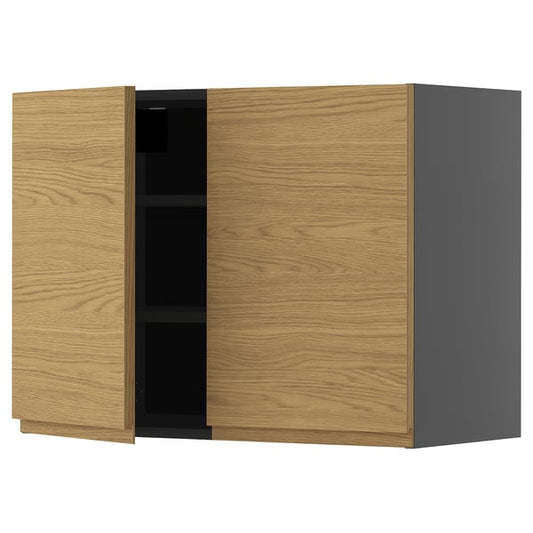 METOD - METOD Wall cabinet with shelves/2 doors, black-grey/Voxtorp oak effect, 80x60 cm