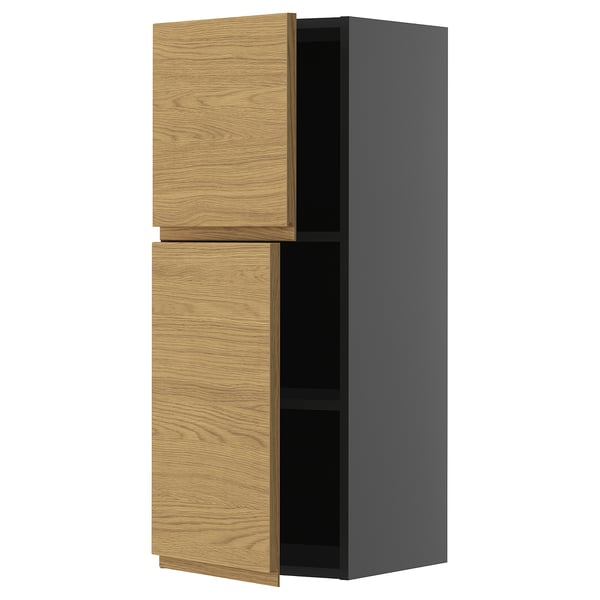 METOD - METOD Wall cabinet with shelves/2 doors, black-grey/Voxtorp oak effect, 40x100 cm