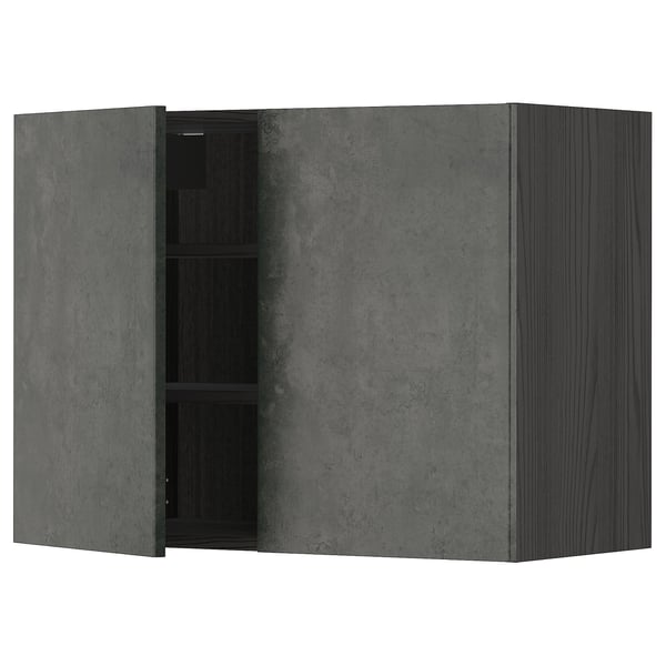 METOD wall cabinet with shelves/2 doors, black/Kalhyttan dark grey concrete effect, 80x60 cm