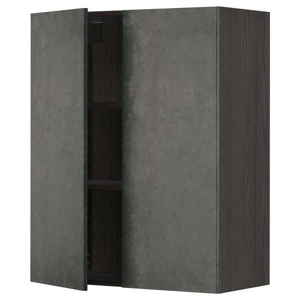 METOD wall cabinet with shelves/2 doors, black/Kalhyttan dark grey concrete effect, 80x100 cm