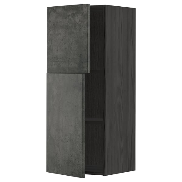 METOD wall cabinet with shelves/2 doors, black/Kalhyttan dark grey concrete effect