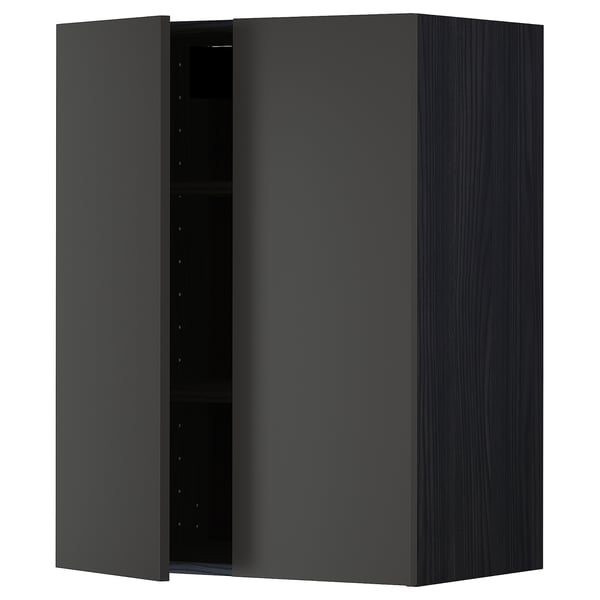 METOD wall cabinet with shelves/2 doors, black/Nickebo matt anthracite