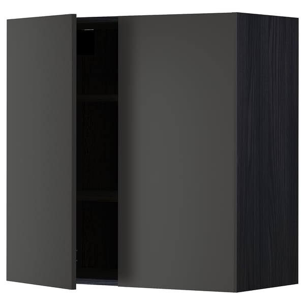 METOD wall cabinet with shelves/2 doors, black/Nickebo matt anthracite, 80x80 cm