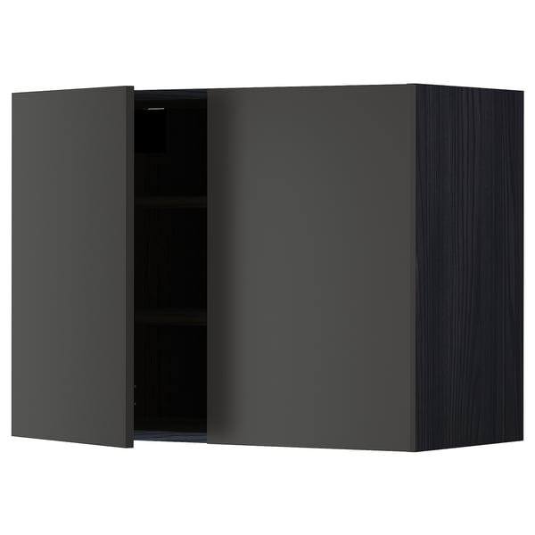 METOD wall cabinet with shelves/2 doors, black/Nickebo matt anthracite, 80x60 cm