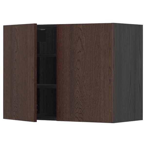 METOD wall cabinet with shelves/2 doors, black/Sinarp brown, 80x60 cm