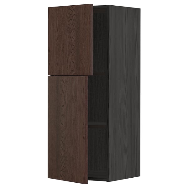 METOD wall cabinet with shelves/2 doors, black/Sinarp brown