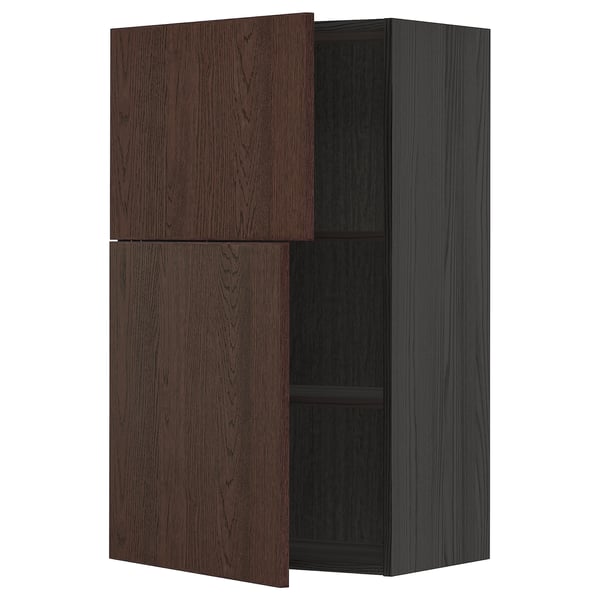 METOD wall cabinet with shelves/2 doors, black/Sinarp brown
