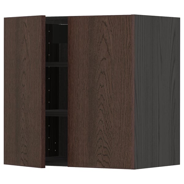 METOD wall cabinet with shelves/2 doors, black/Sinarp brown, 60x60 cm