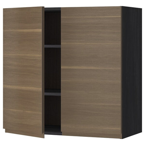 METOD - Wall unit with shelves/2 doors, black/Voxtorp walnut effect,80x80 cm