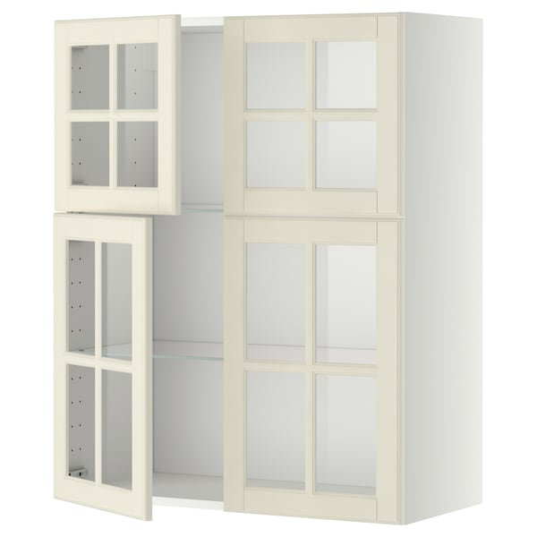 METOD - Wall cabinet w shelves/4 glass drs, white/Bodbyn off-white, 80x100 cm