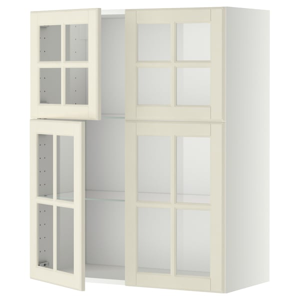 METOD wall cabinet w shelves/4 glass drs, white/Bodbyn off-white, 80x100 cm
