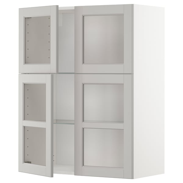 METOD wall cabinet w shelves/4 glass drs, white/Lerhyttan light grey, 80x100 cm