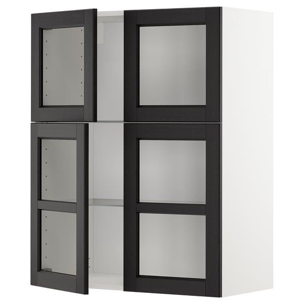METOD wall cabinet w shelves/4 glass drs, white/Lerhyttan black stained, 80x100 cm