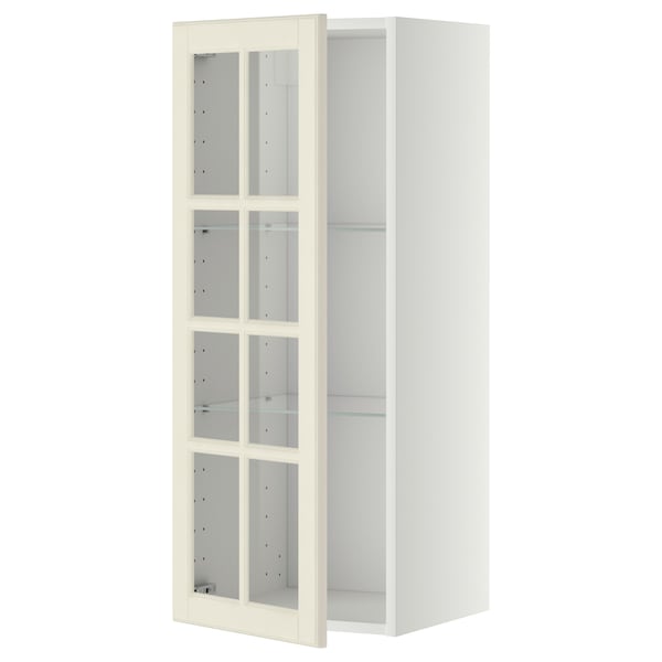 METOD - Wall cabinet w shelves/glass door, white/Bodbyn off-white, 40x100 cm