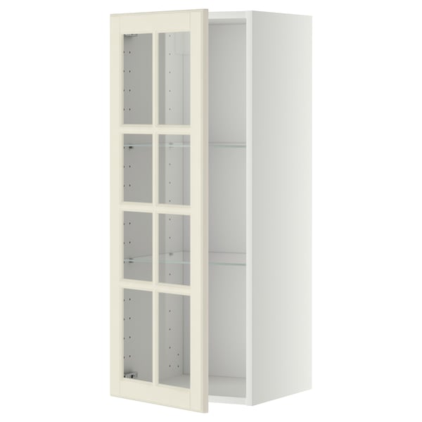 METOD wall cabinet w shelves/glass door, white/Bodbyn off-white, 40x100 cm