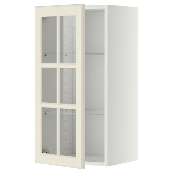 METOD wall cabinet w shelves/glass door, white/Bodbyn off-white, 40x80 cm