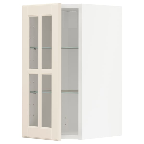 METOD wall cabinet w shelves/glass door, white/Bodbyn off-white, 30x60 cm